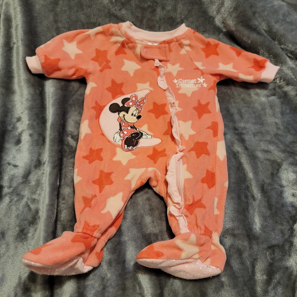 Disney Baby Footed Sleeper 0-3M Pink Fleece Minnie Mouse Excellent Star Print